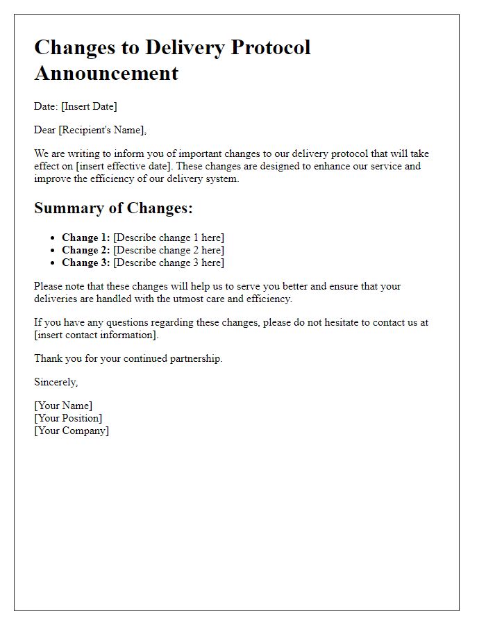 Letter template of Changes to Delivery Protocol Announcement