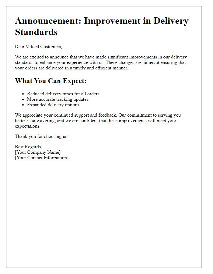 Letter template of Improvement in Delivery Standards Announcement