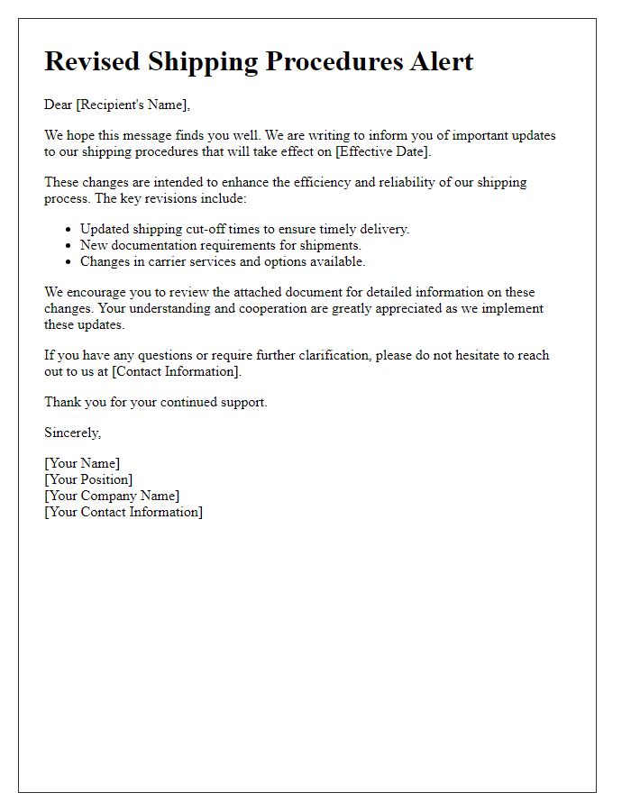 Letter template of Revised Shipping Procedures Alert