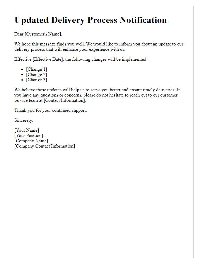 Letter template of Updated Delivery Process Notification