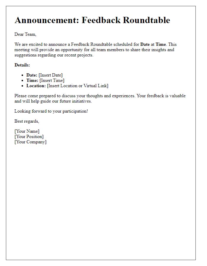 Letter template of Announcement for Feedback Roundtable