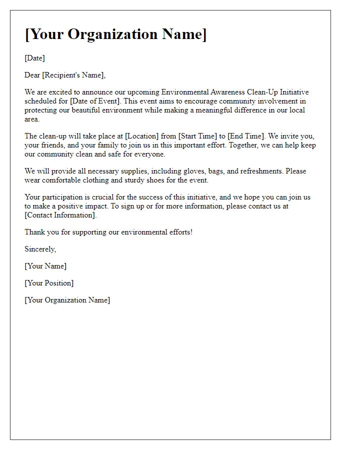 Letter template of environmental awareness clean-up initiative