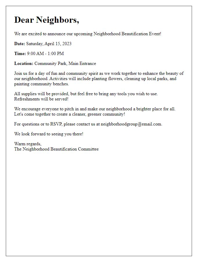 Letter template of neighborhood beautification event announcement