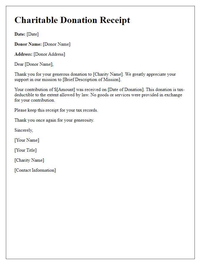 Letter template of charitable giving receipt for tax claims