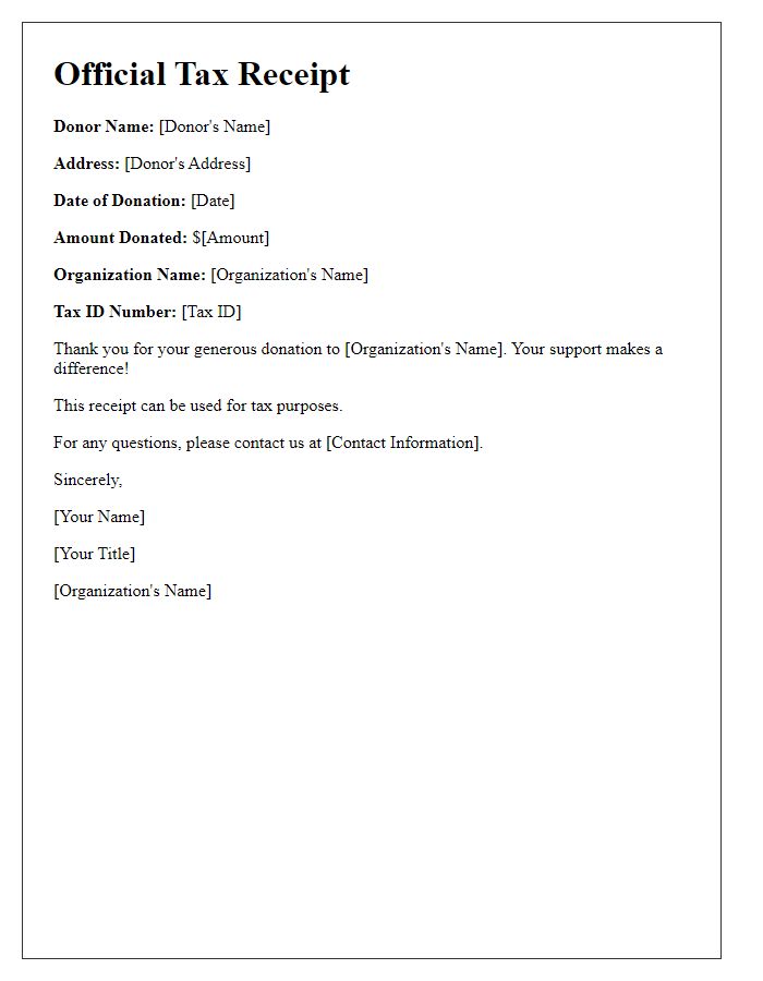 Letter template of official tax receipt for your generous donation