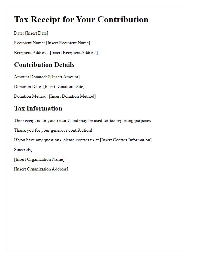 Letter template of tax receipt detail for your recent contribution