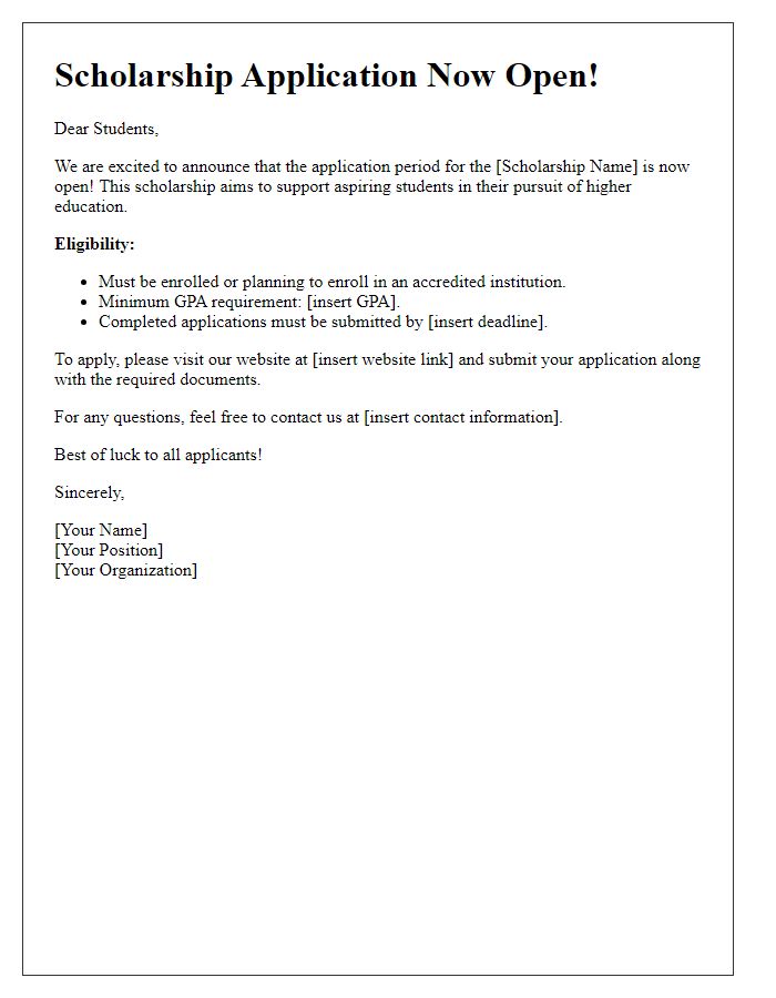 Letter template of announcement for scholarship application opening