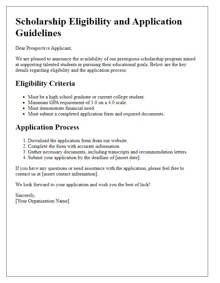 Letter template of scholarship eligibility and application explanation