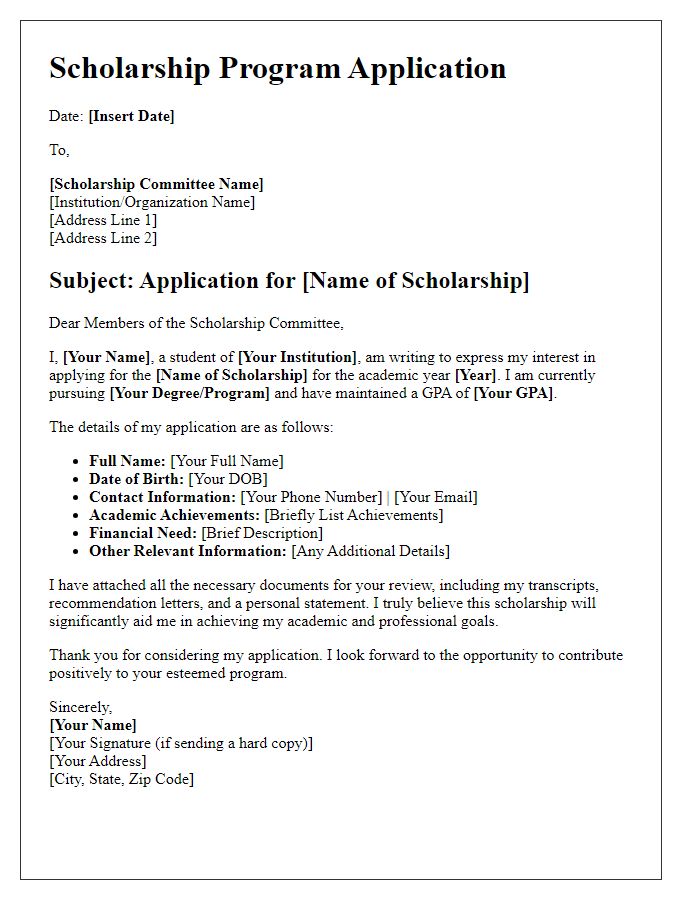 Letter template of scholarship program application details