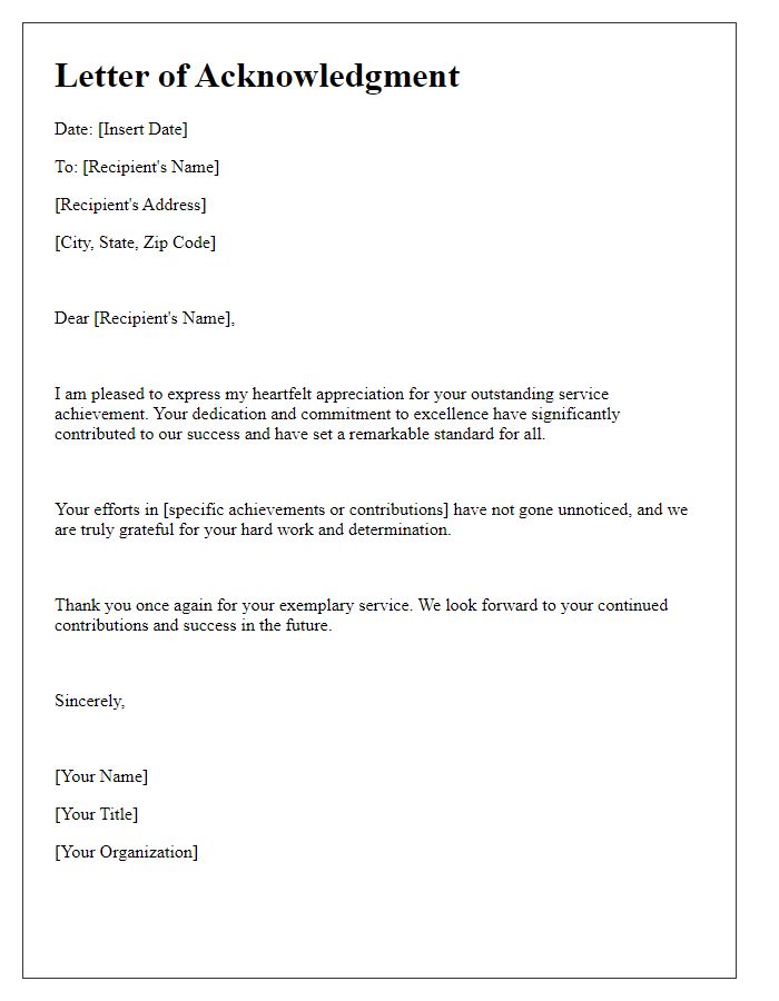 Letter template of Acknowledgment for Outstanding Service Achievement