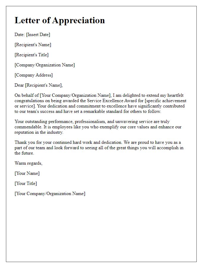 Letter template of Appreciation for Service Excellence Award