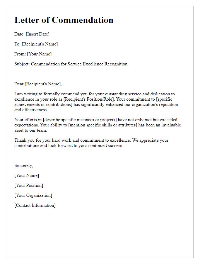 Letter template of Commendation for Service Excellence Recognition