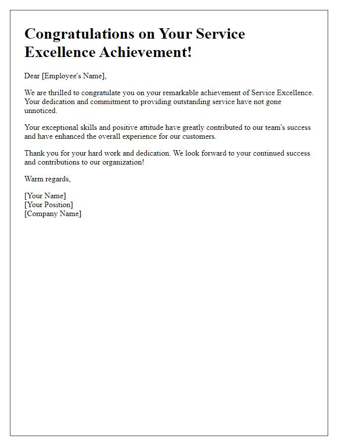 Letter template of Congratulations on Service Excellence Achievement