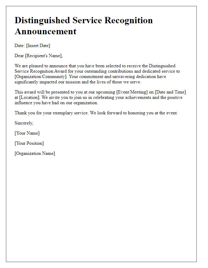 Letter template of Distinguished Service Recognition Announcement