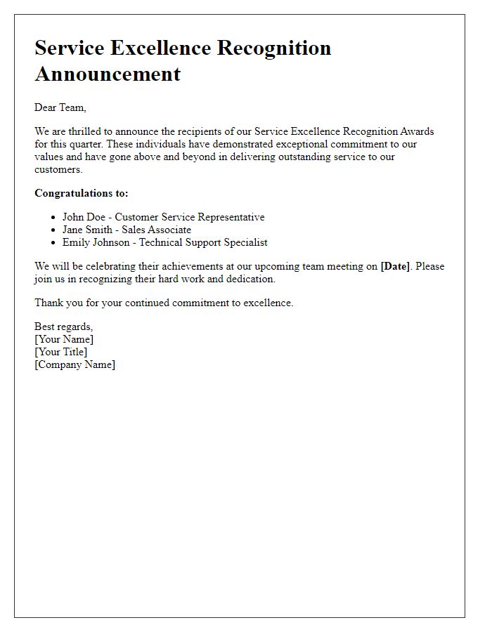 Letter template of Service Excellence Recognition Announcement