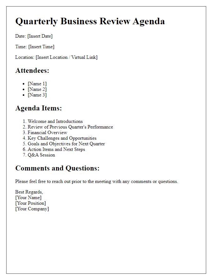 Letter template of Agenda for Quarterly Business Review