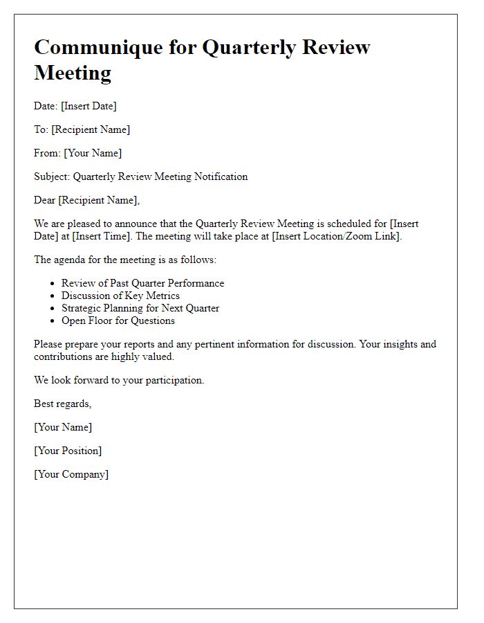 Letter template of Communique for Quarterly Review Meeting