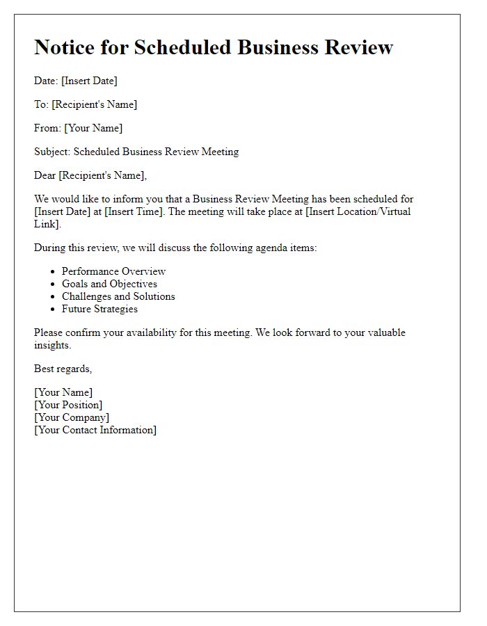 Letter template of Notice for Scheduled Business Review