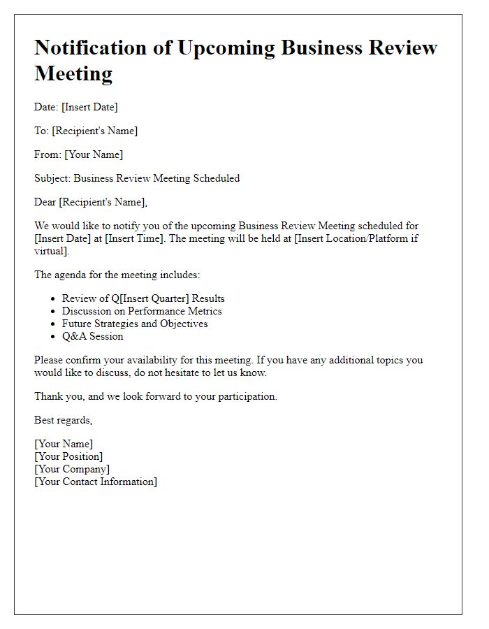 Letter template of Notification for Upcoming Business Review Meeting