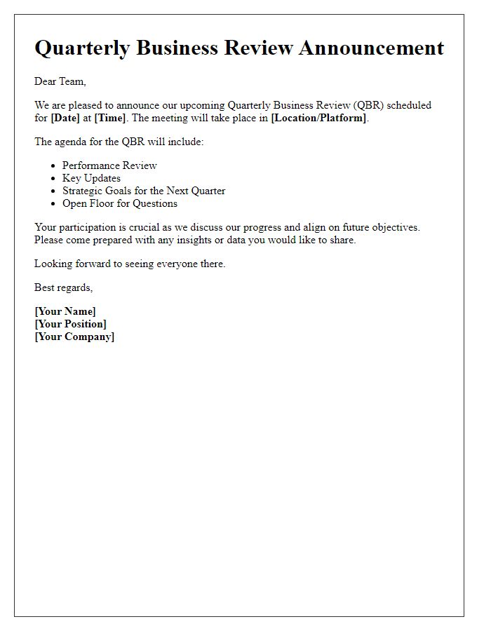 Letter template of Quarterly Business Review Announcement