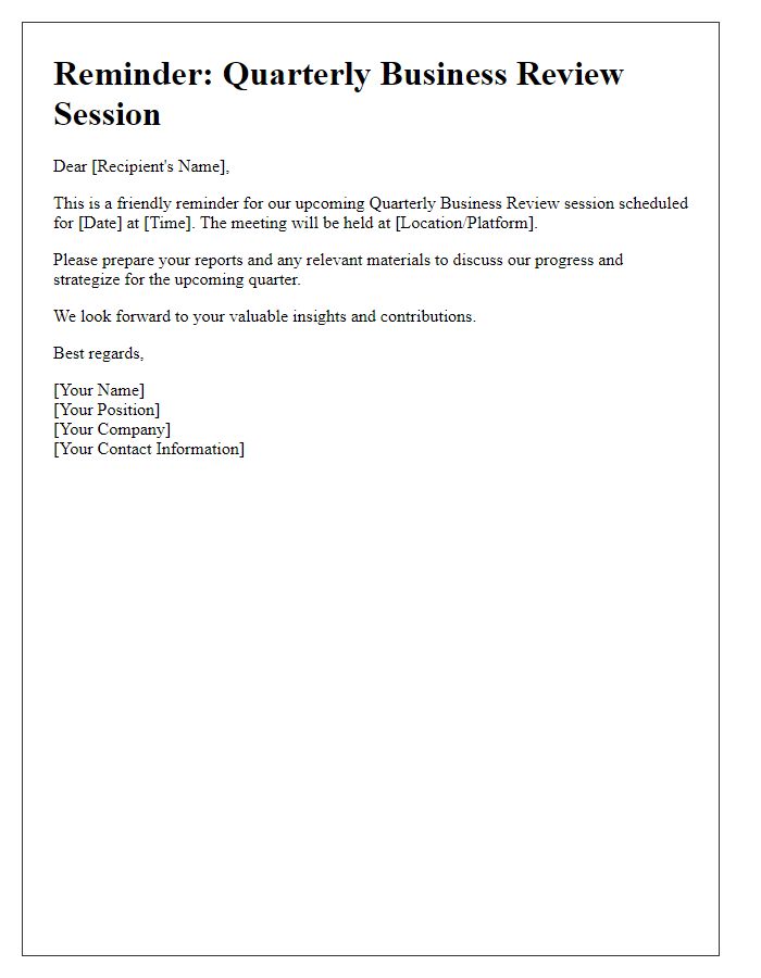 Letter template of Reminder for Quarterly Business Review Session