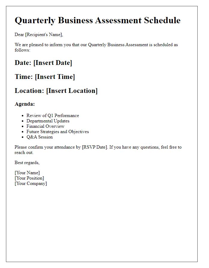 Letter template of Schedule for Quarterly Business Assessment