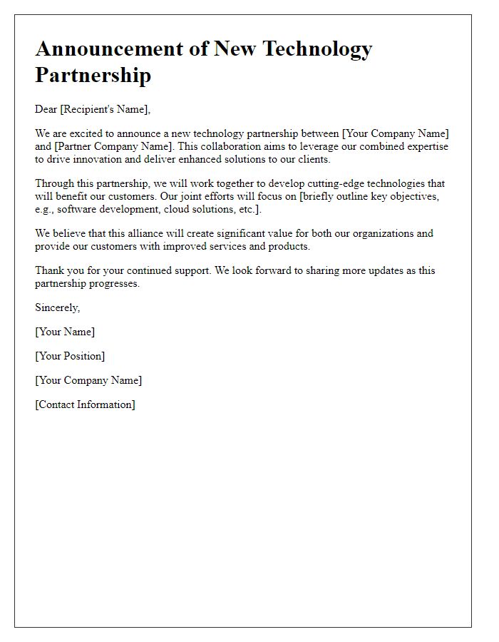 Letter template of detailing our newly formed technology partnership.