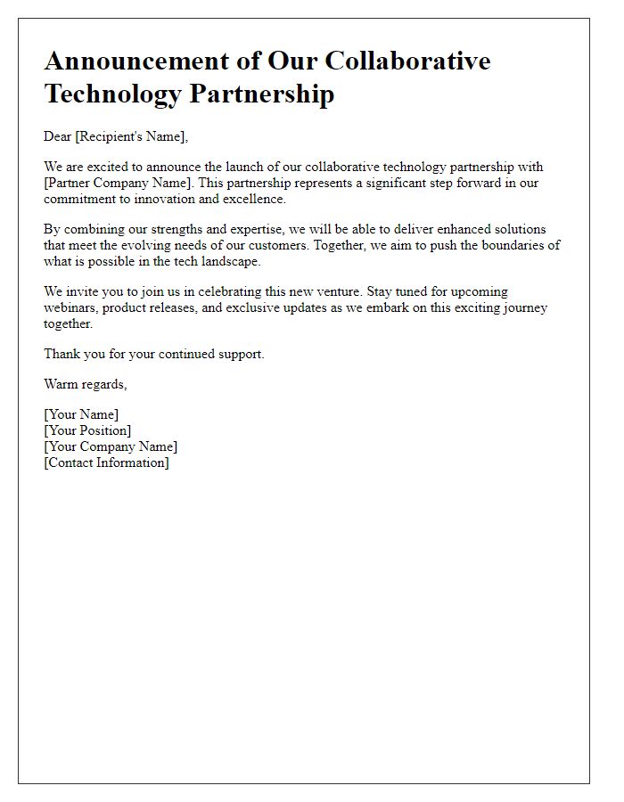 Letter template of highlighting our collaborative technology partnership launch.