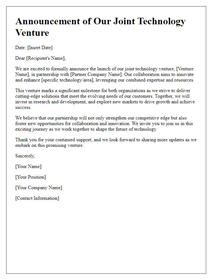 Letter template of kickstarting our joint technology venture announcement.