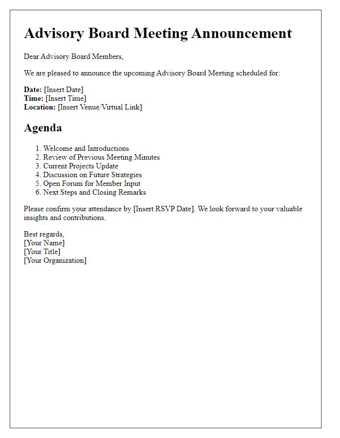 Letter template of Agenda for Advisory Board Meeting Announcement