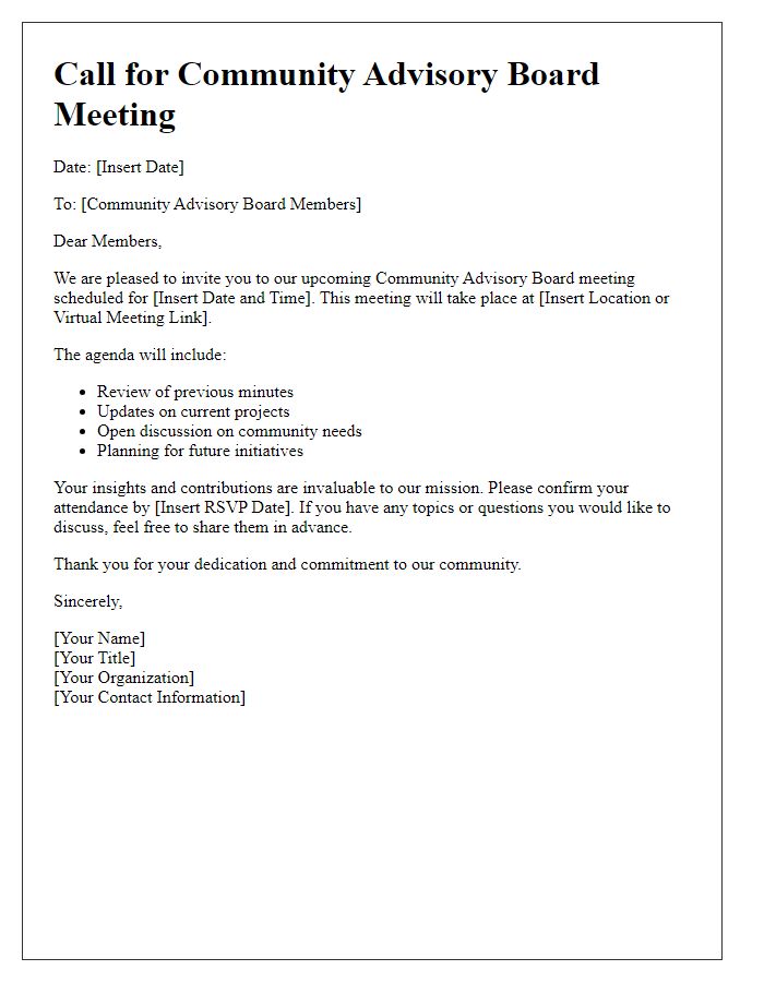 Letter template of Call for Community Advisory Board Meeting