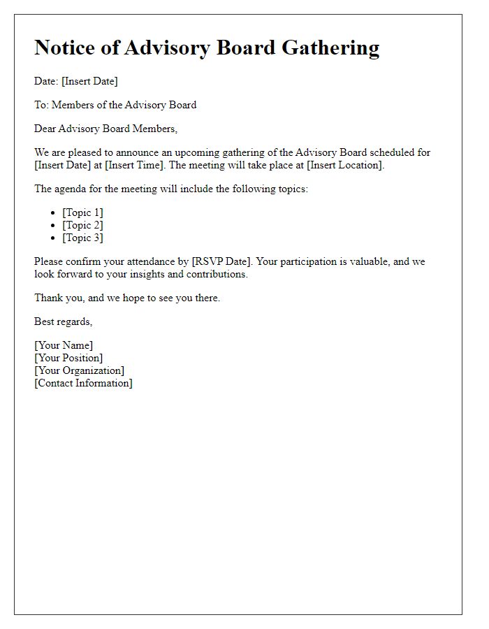 Letter template of Notice for Upcoming Advisory Board Gathering