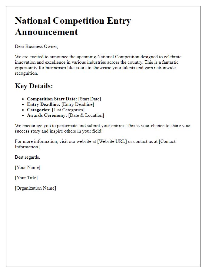 Letter template of national competition entry announcement for businesses.