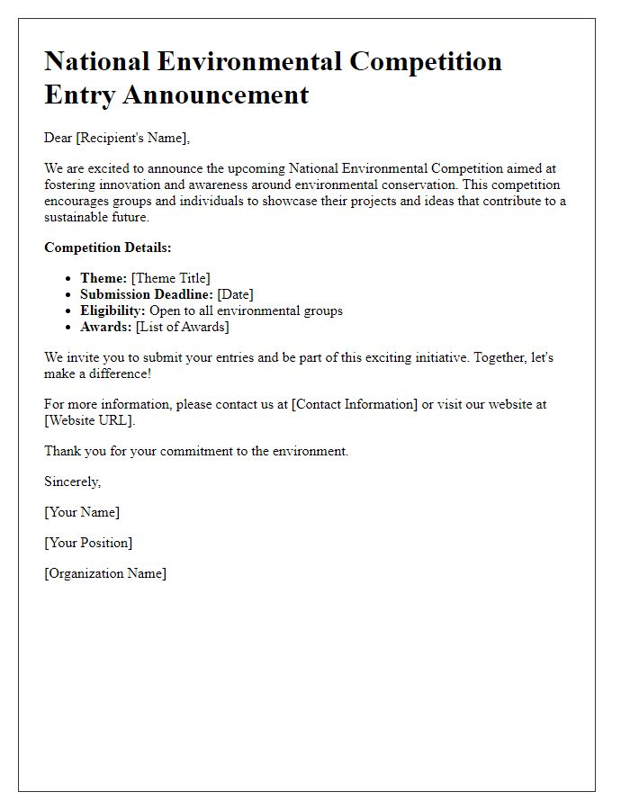 Letter template of national competition entry announcement for environmental groups.