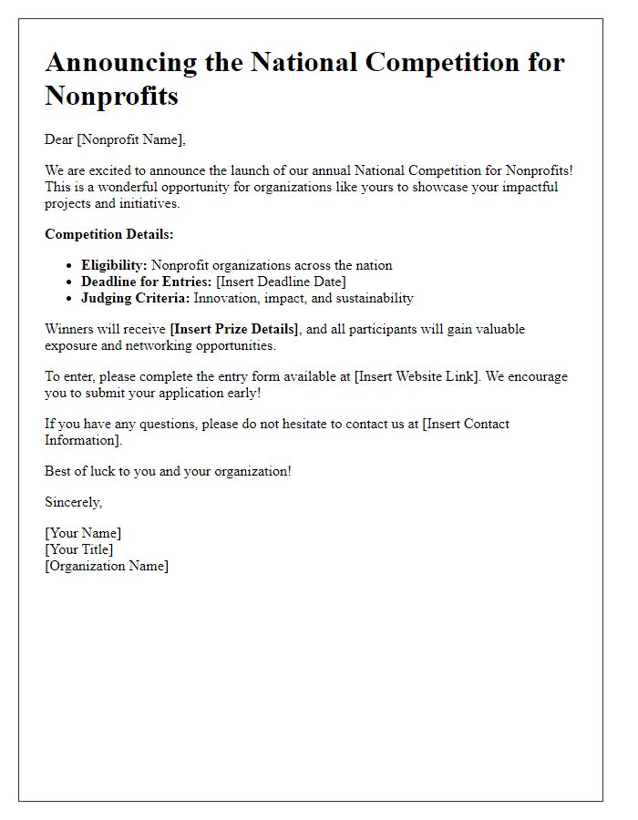 Letter template of national competition entry announcement for nonprofits.