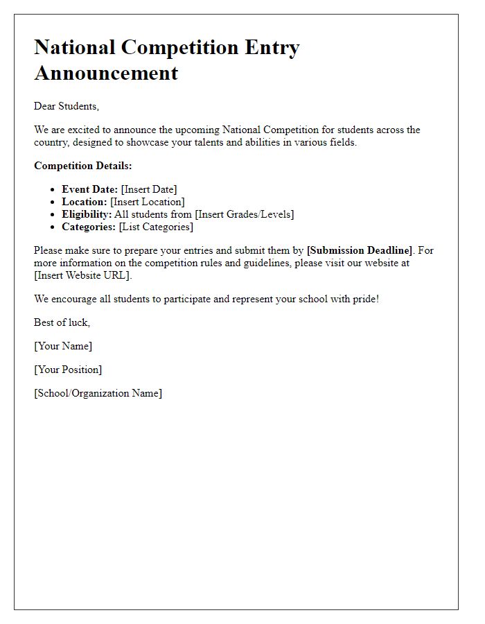 Letter template of national competition entry announcement for students.