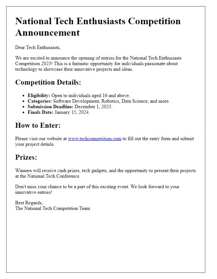 Letter template of national competition entry announcement for tech enthusiasts.