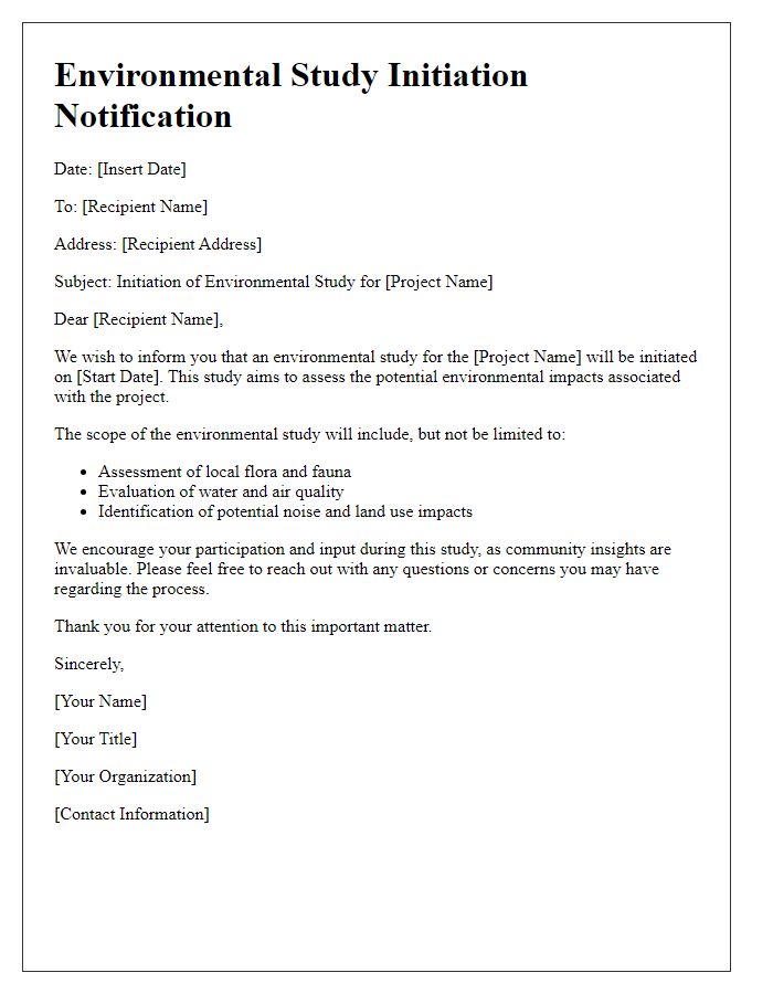 Letter template of Environmental Study Initiation Notification