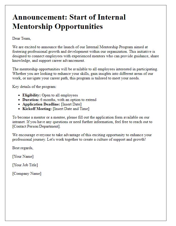 Letter template of Announcing the Start of Internal Mentorship Opportunities