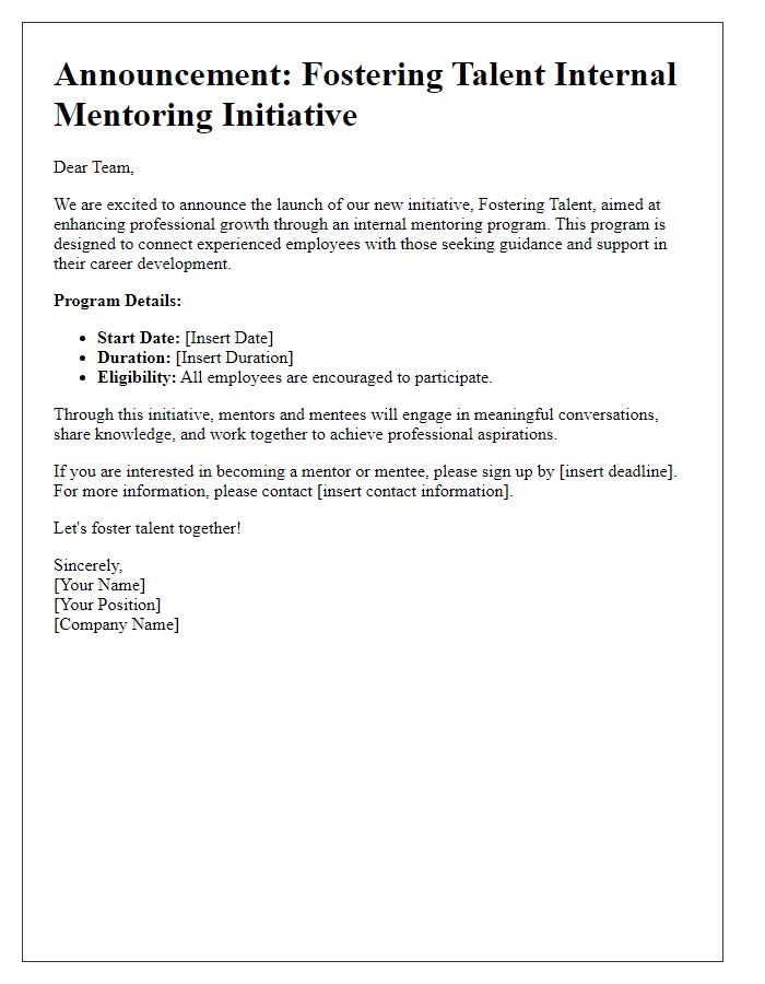 Letter template of Fostering Talent: Internal Mentoring Initiative Announcement