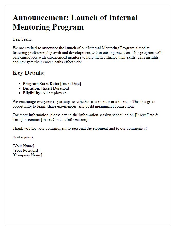 Letter template of Internal Mentoring Program Launch Announcement