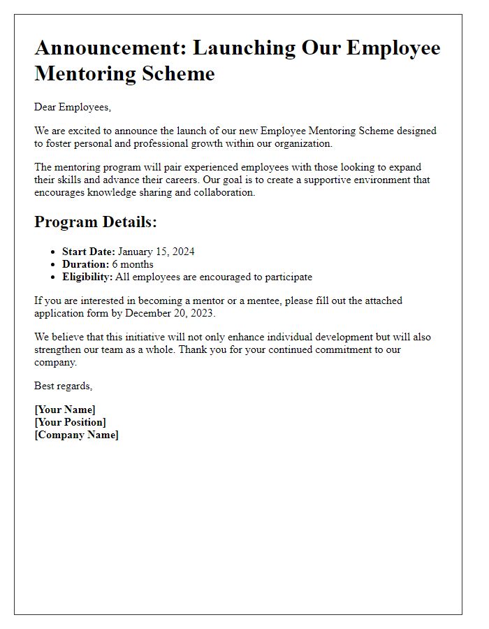 Letter template of Launching Our Employee Mentoring Scheme