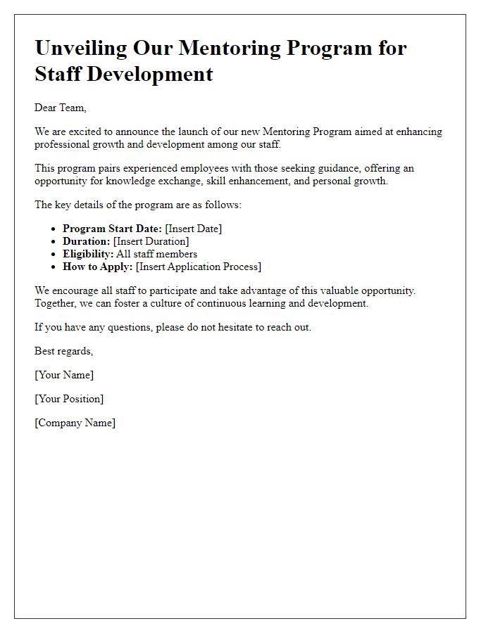 Letter template of Unveiling Our Mentoring Program for Staff Development