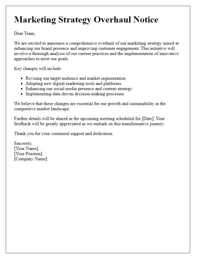 Letter template of Marketing Strategy Overhaul Notice