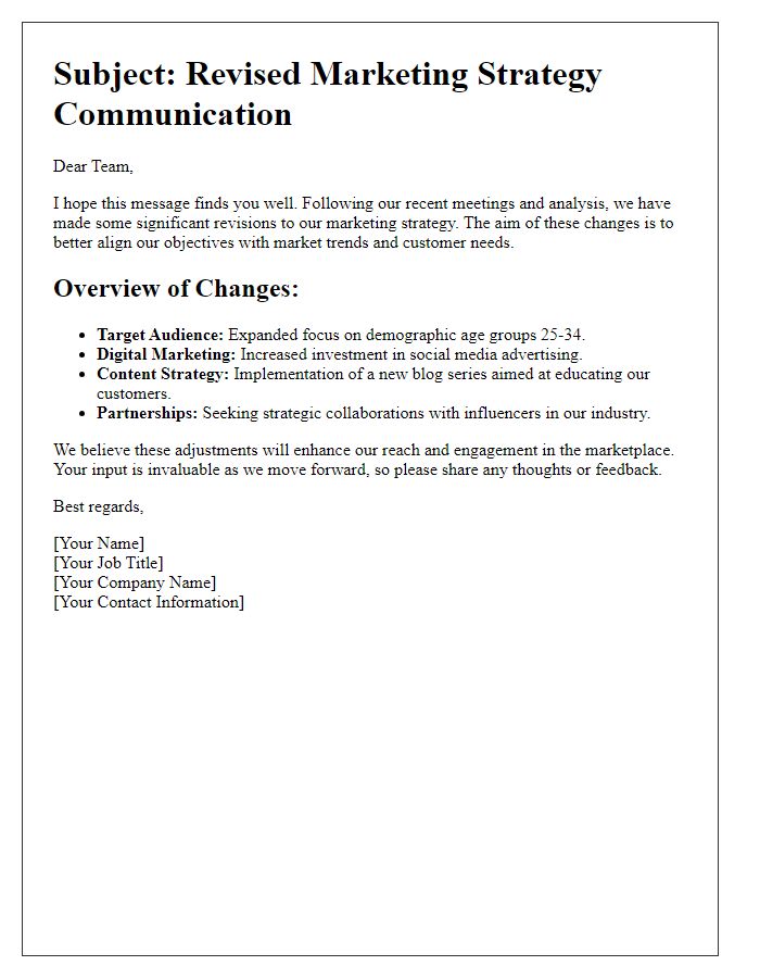 Letter template of Revised Marketing Strategy Communication