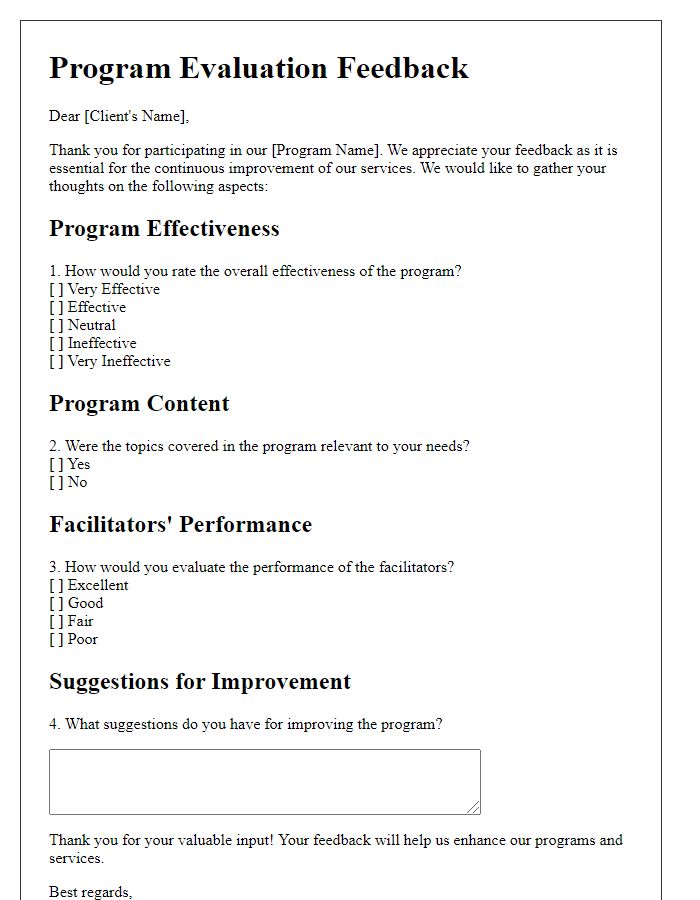 Letter template of program evaluation feedback for clients.