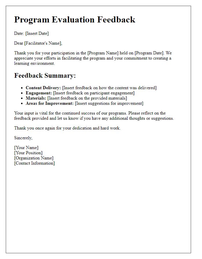 Letter template of program evaluation feedback for facilitators.