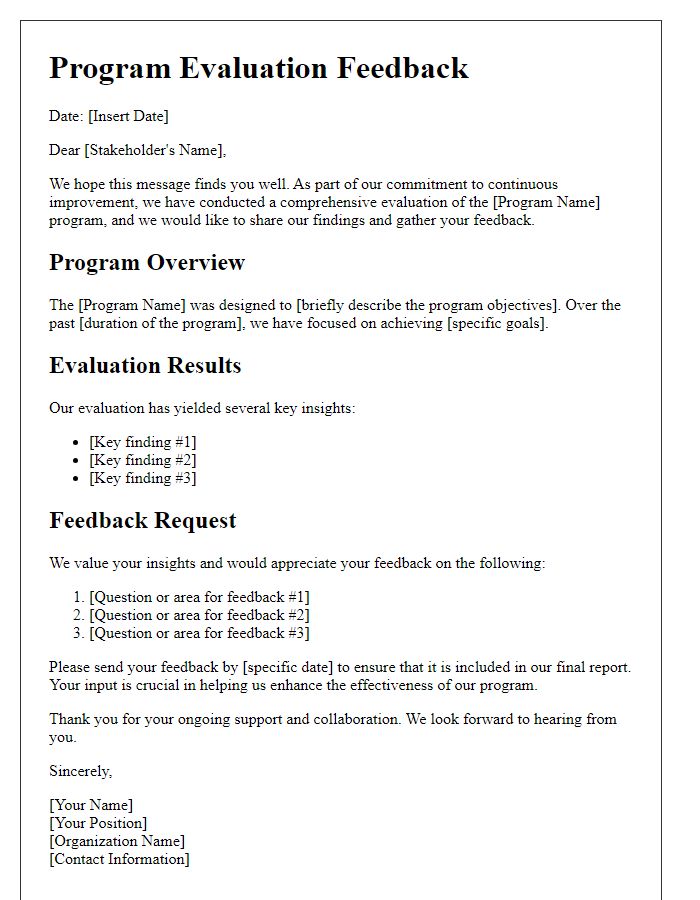 Letter template of program evaluation feedback for stakeholders.