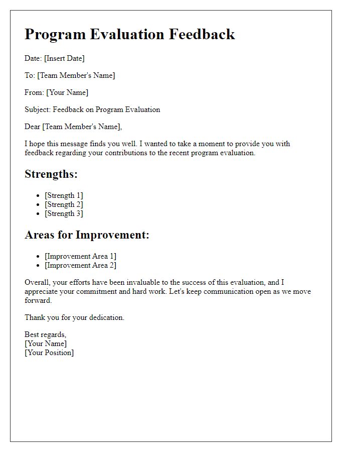 Letter template of program evaluation feedback for team members.