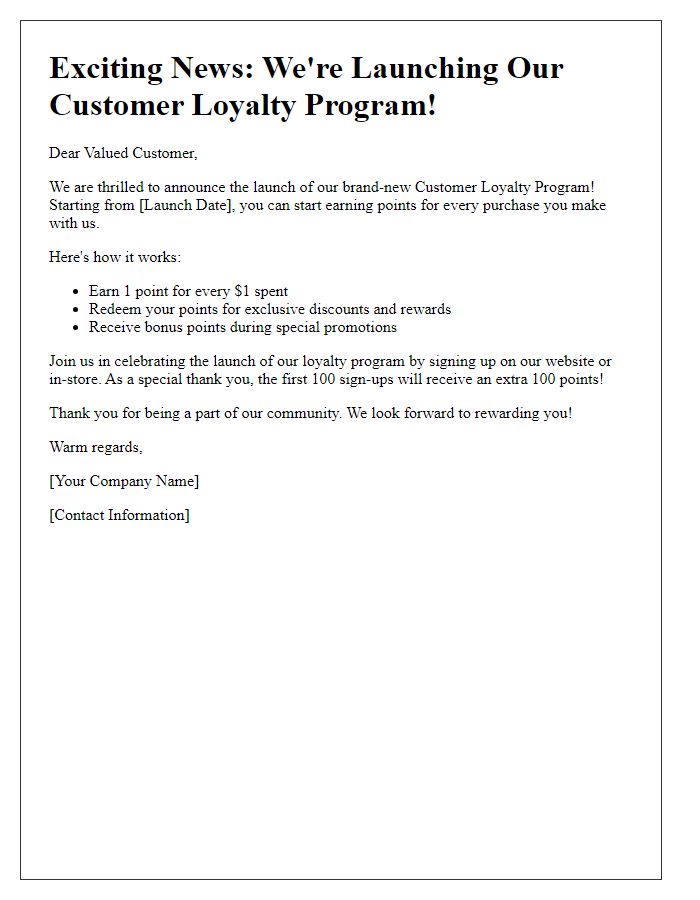 Letter template of customer loyalty program launch announcement